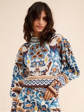 Farm Rio Balloon Sleeve Toucan Knit Sweater Pullover Size XS Floral Multicolor